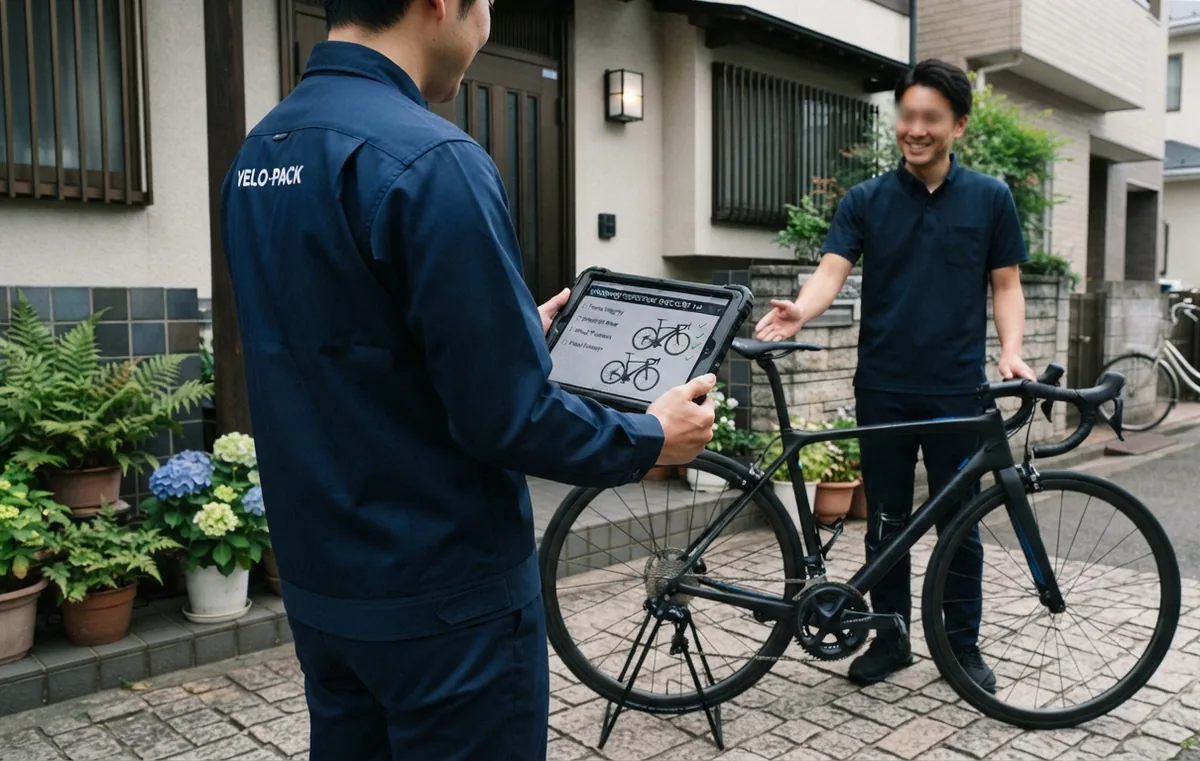 ご自宅前でロードバイクを査定・受け渡しする様子（出張買取）